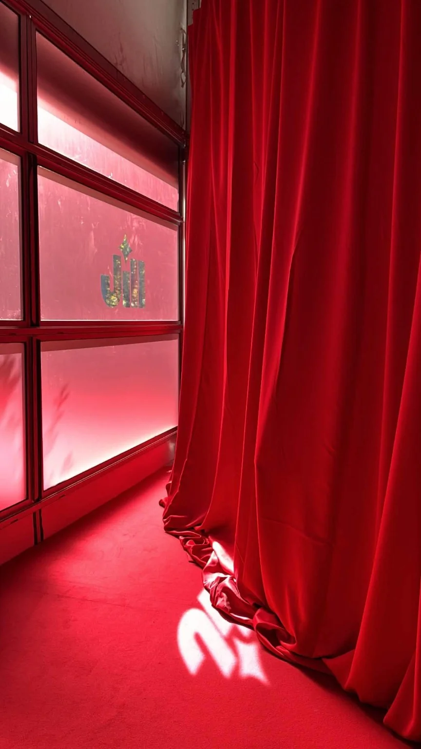 Daylight through the red curtains at JILL